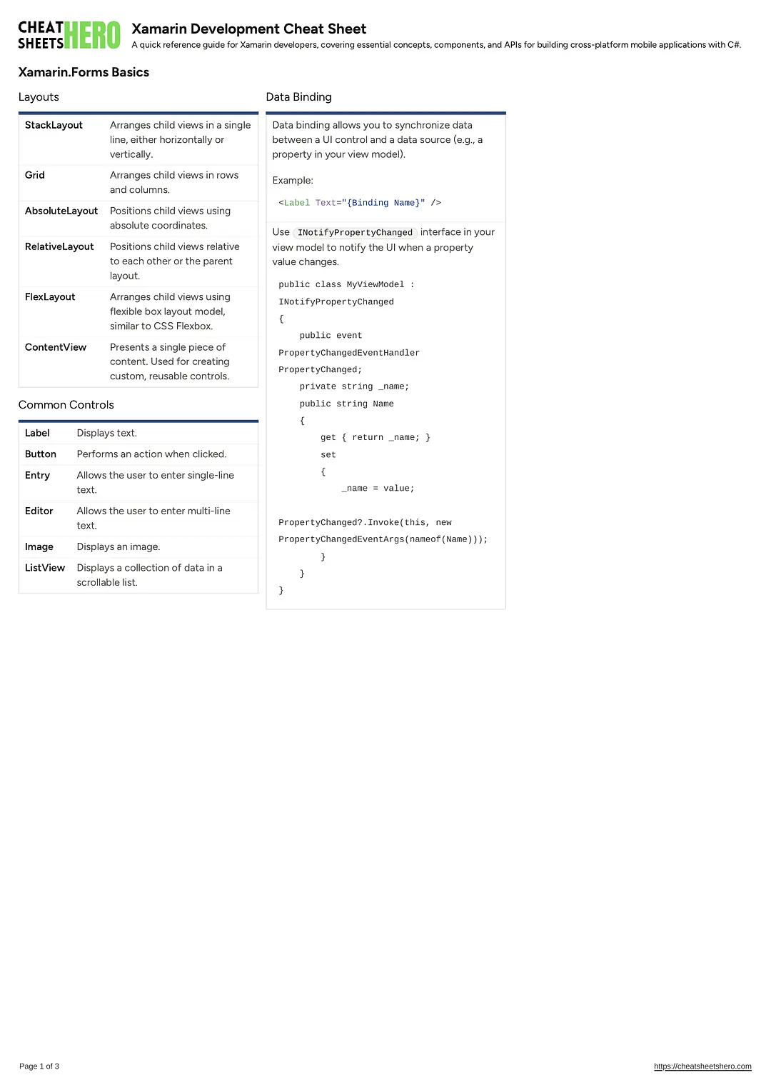 Xamarin Development Cheat Sheet