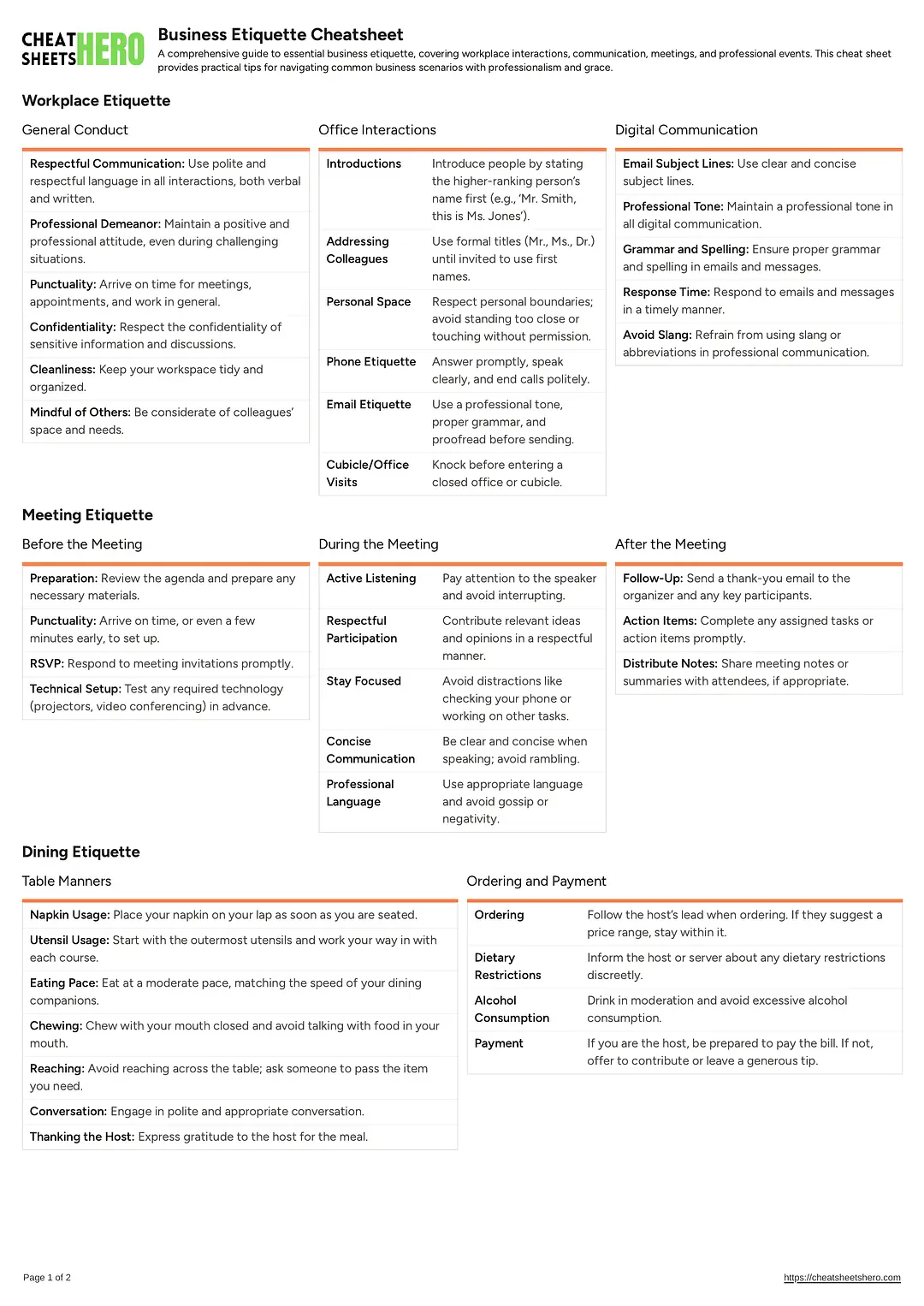 Business Etiquette Cheatsheet