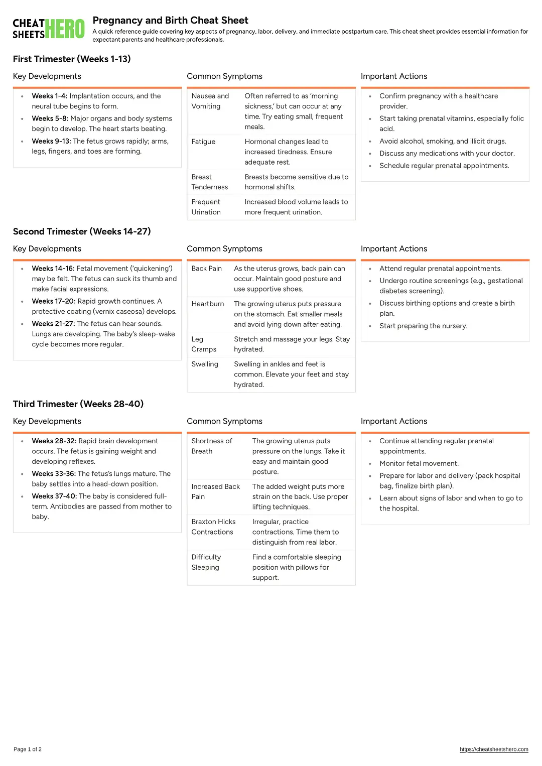 Pregnancy and Birth Cheat Sheet