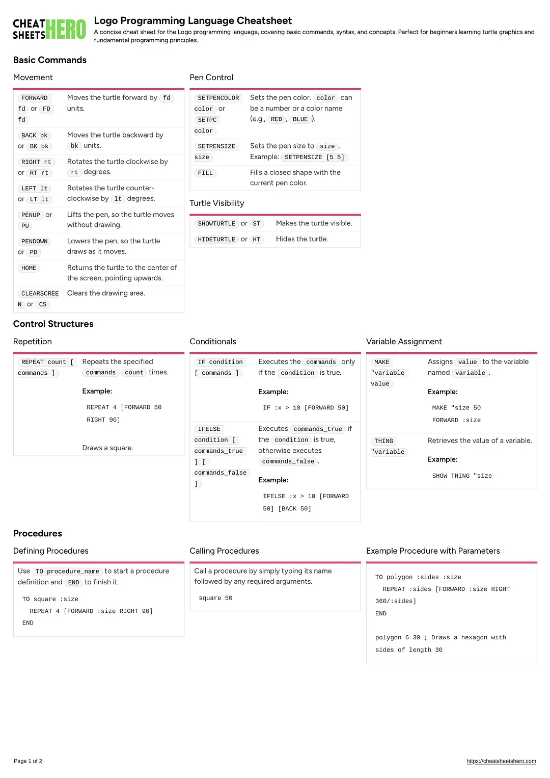 Logo Programming Language Cheatsheet