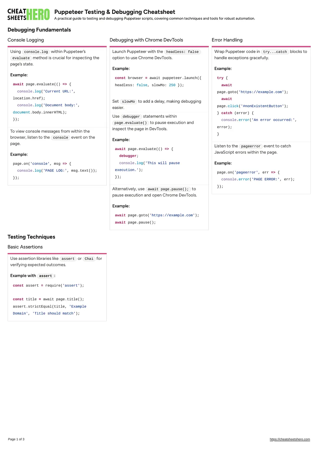 Puppeteer Testing & Debugging Cheatsheet