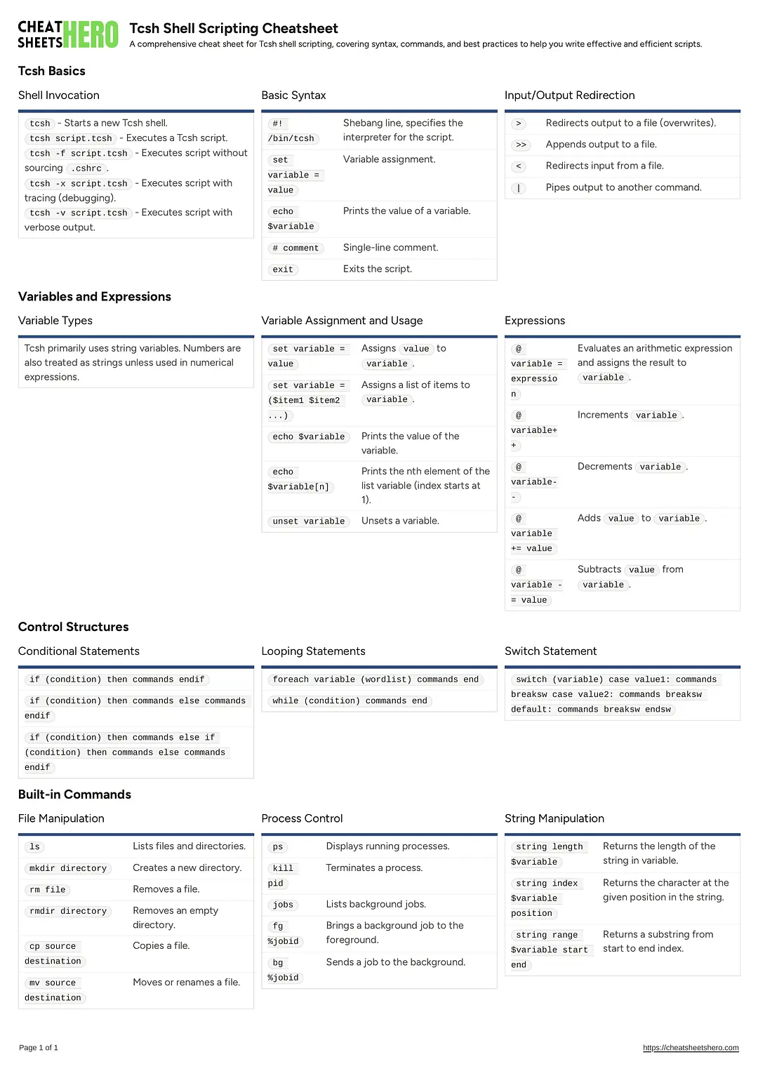 Tcsh Shell Scripting Cheatsheet