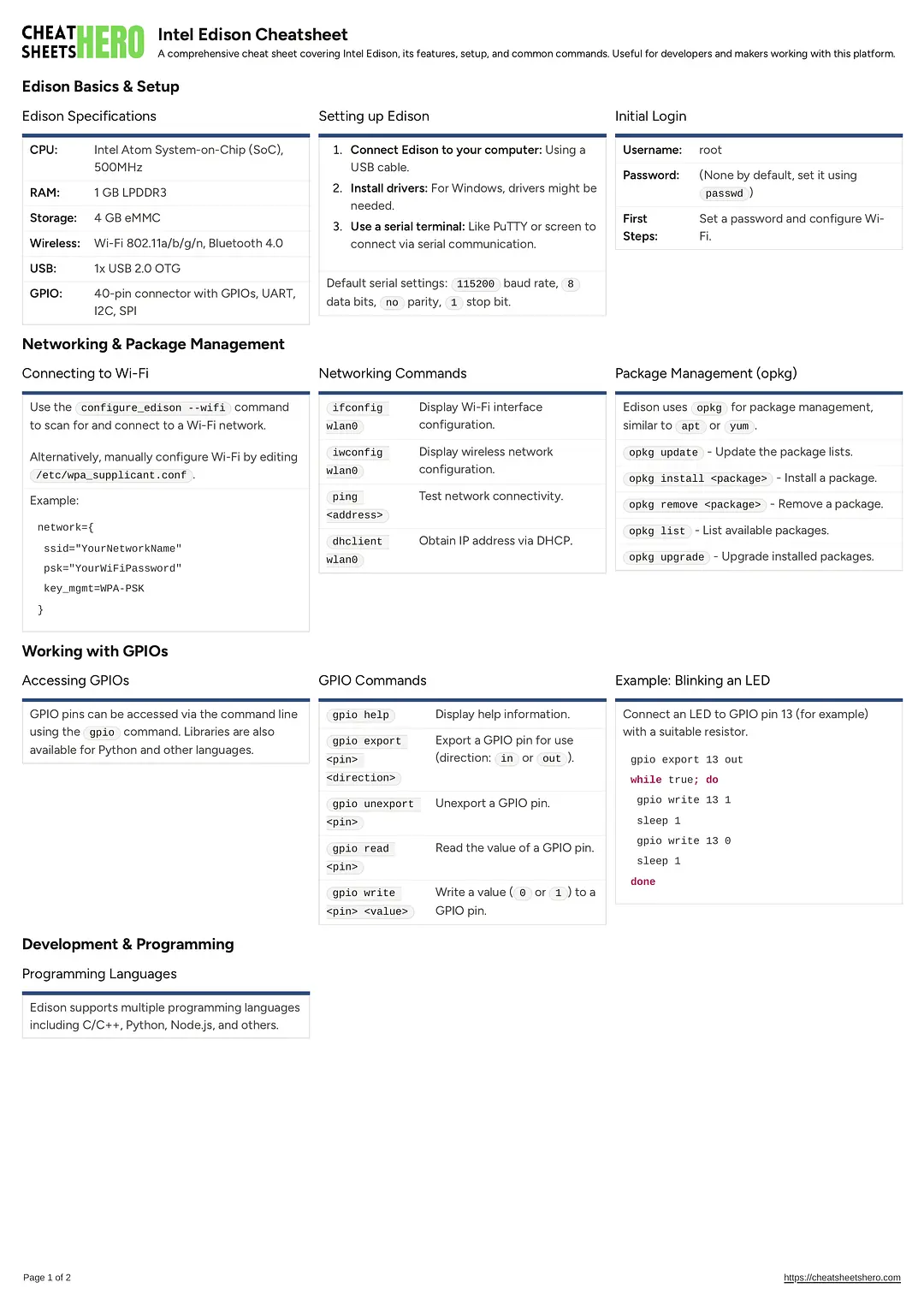 Intel Edison Cheatsheet