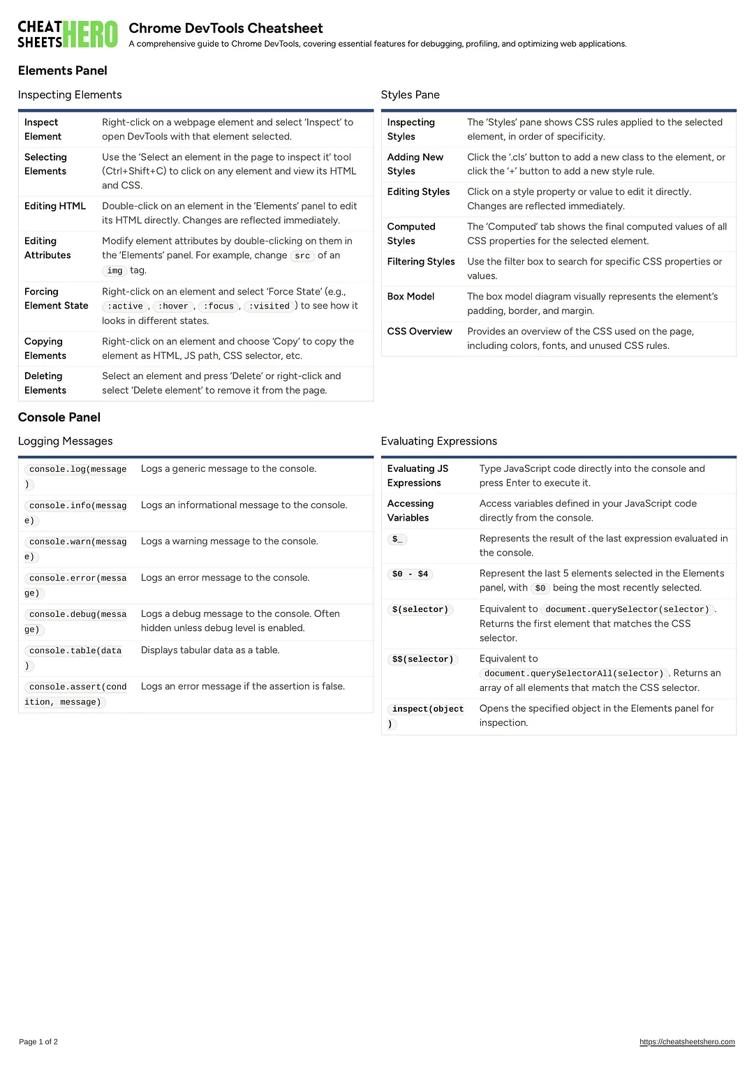 Chrome DevTools Cheatsheet