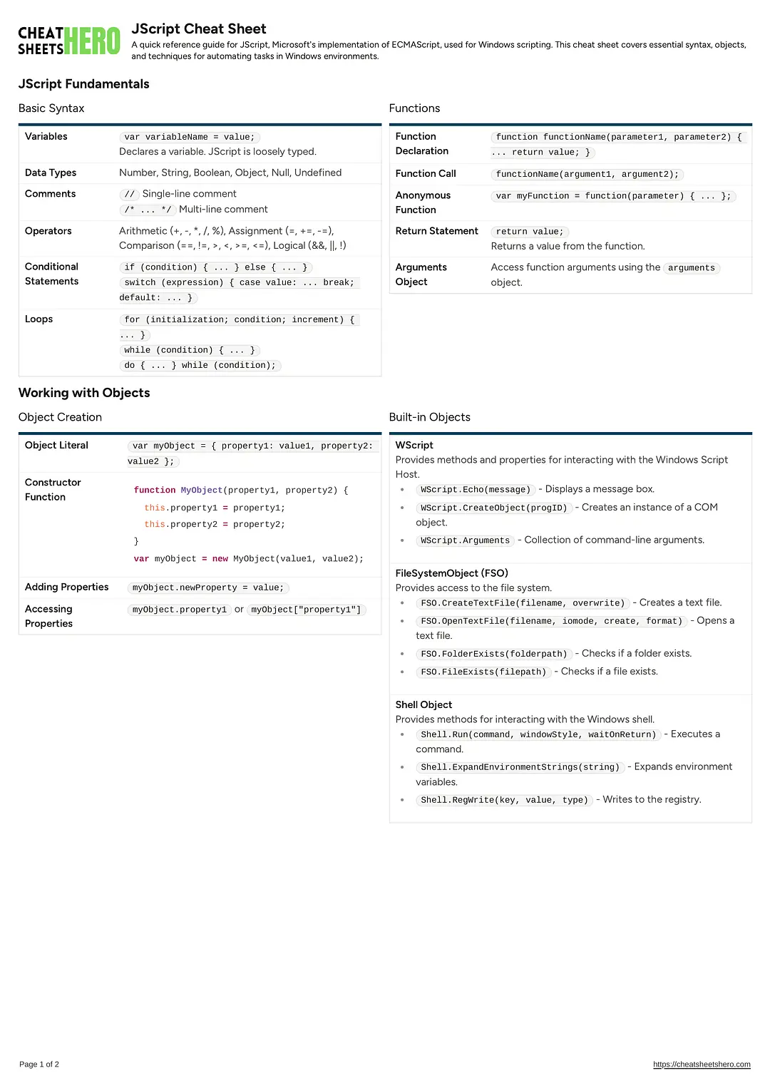 JScript Cheat Sheet