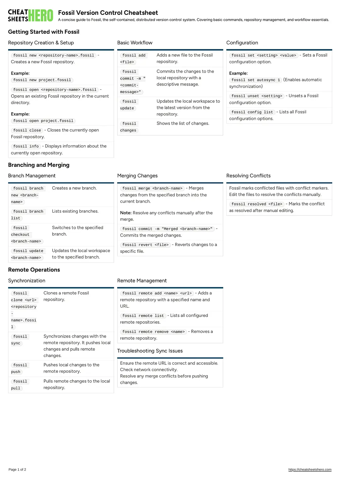 Fossil Version Control Cheatsheet
