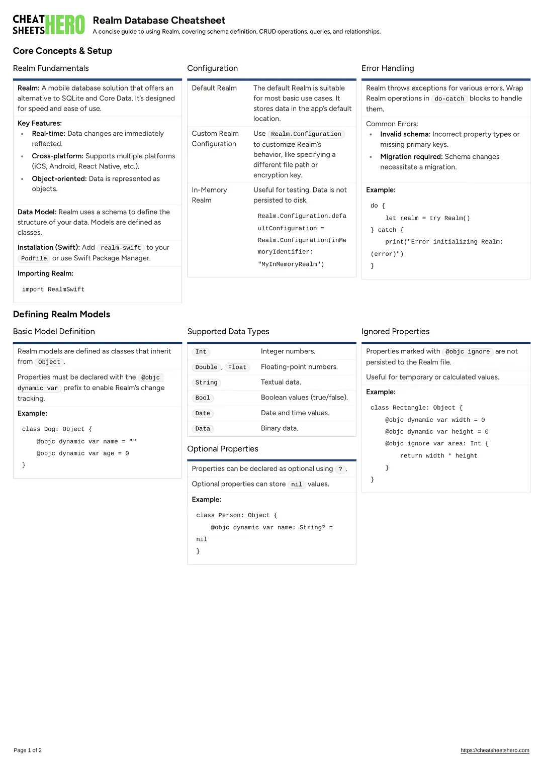 Realm Database Cheatsheet