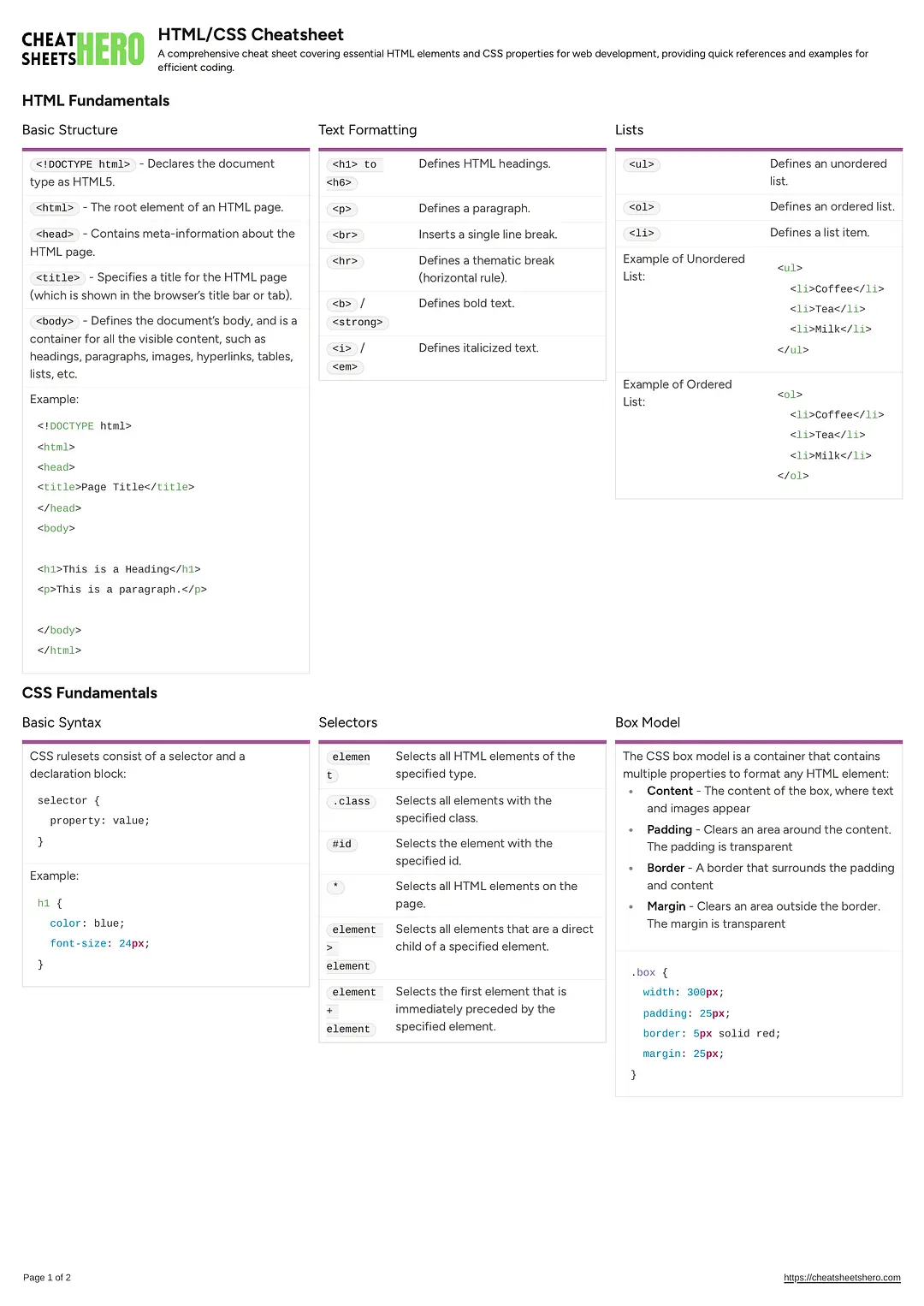 HTML/CSS Cheatsheet