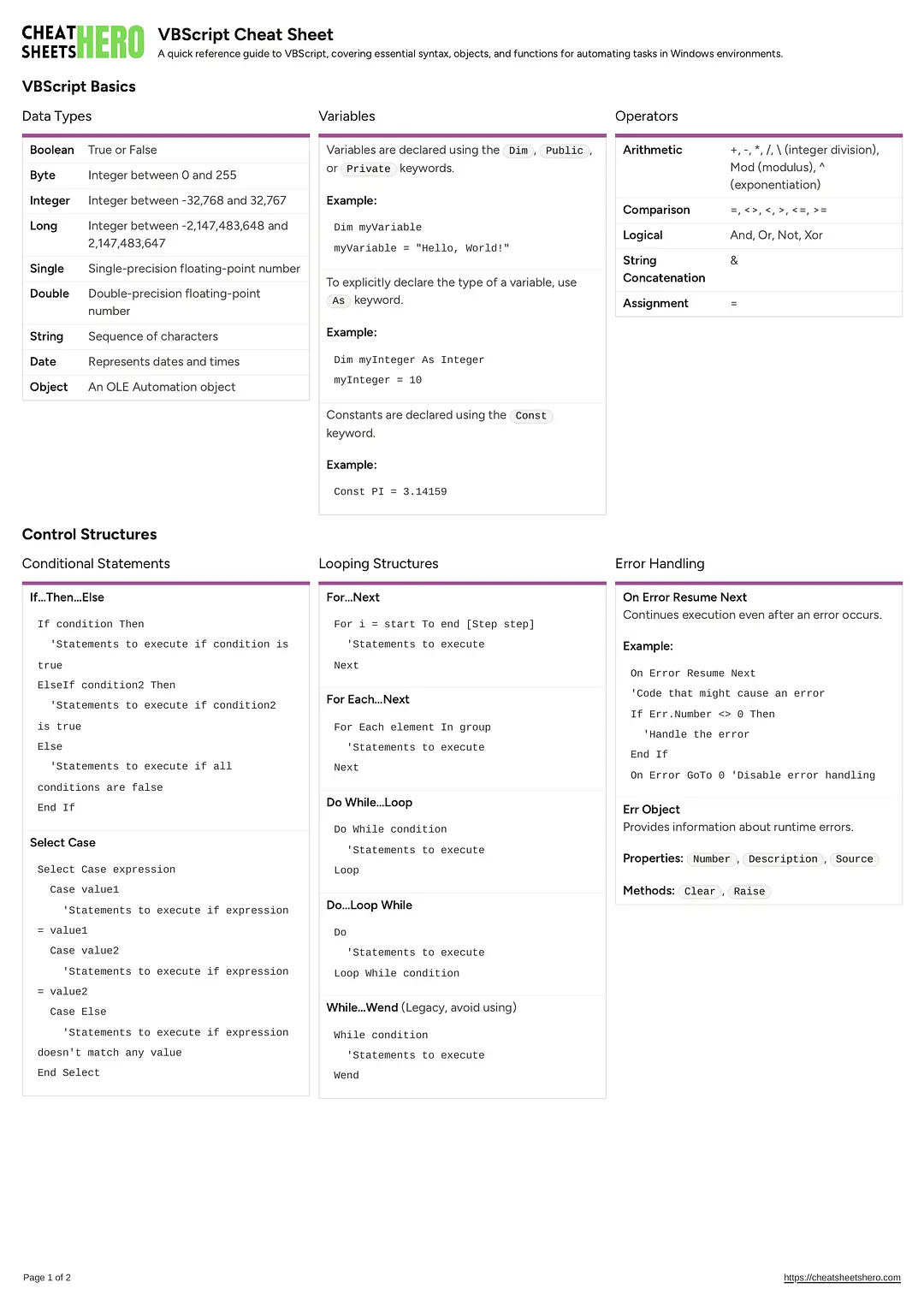 VBScript Cheat Sheet