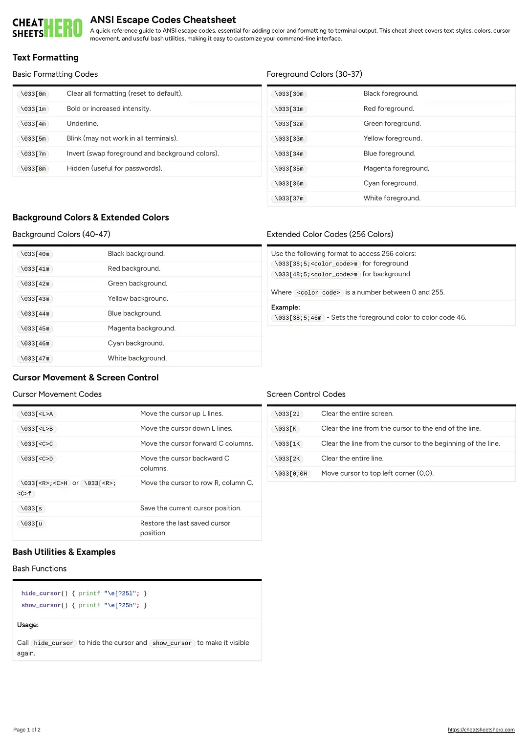 ANSI Escape Codes Cheatsheet