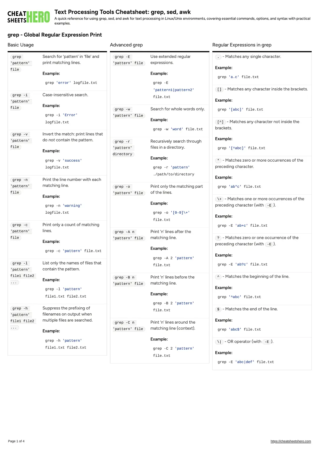 Text Processing Tools Cheatsheet: grep, sed, awk