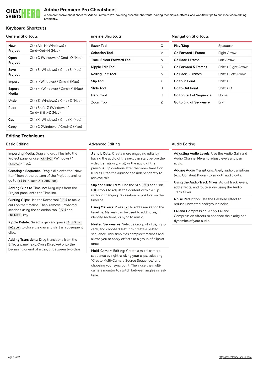 Adobe Premiere Pro Cheatsheet