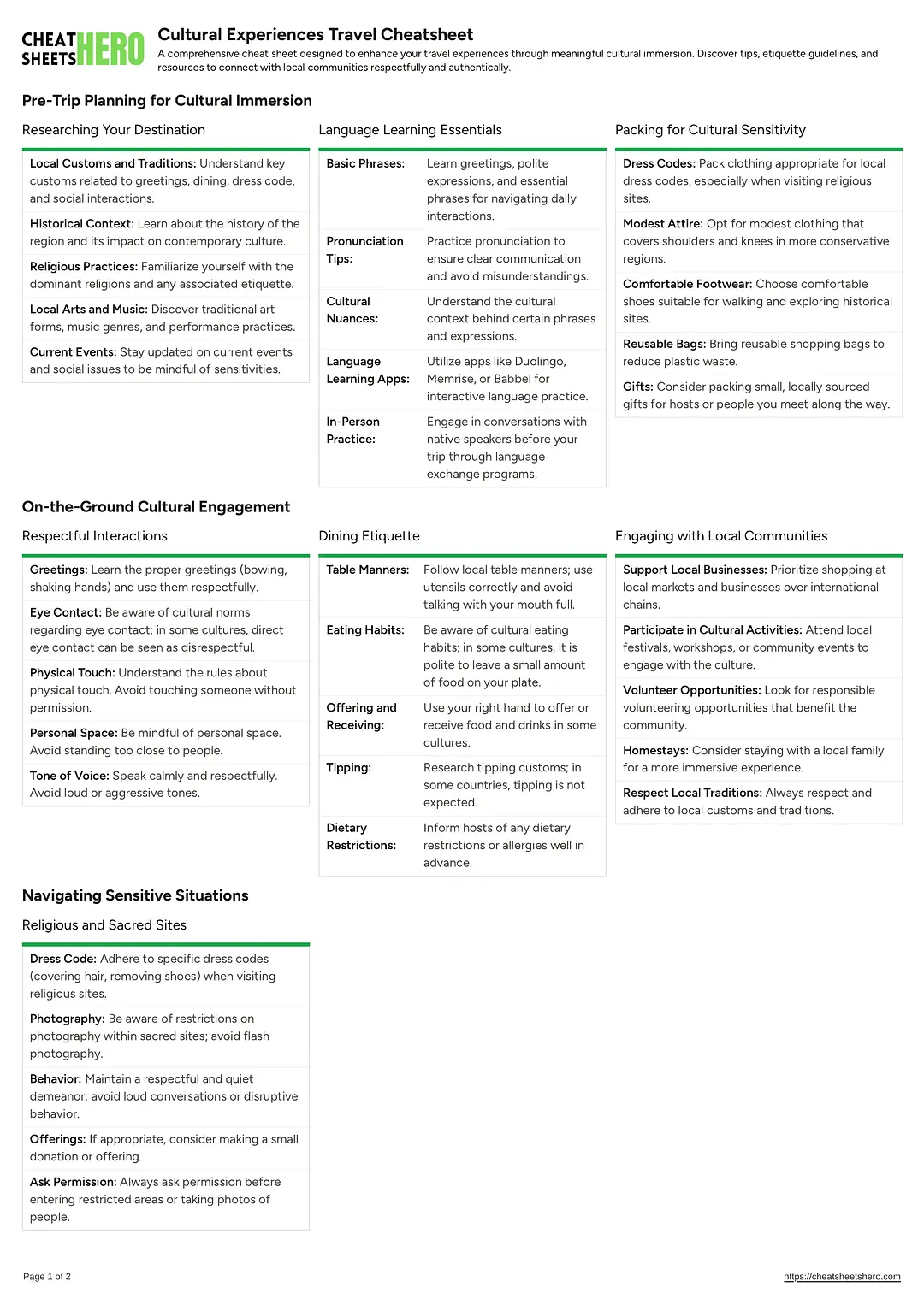Cultural Experiences Travel Cheatsheet