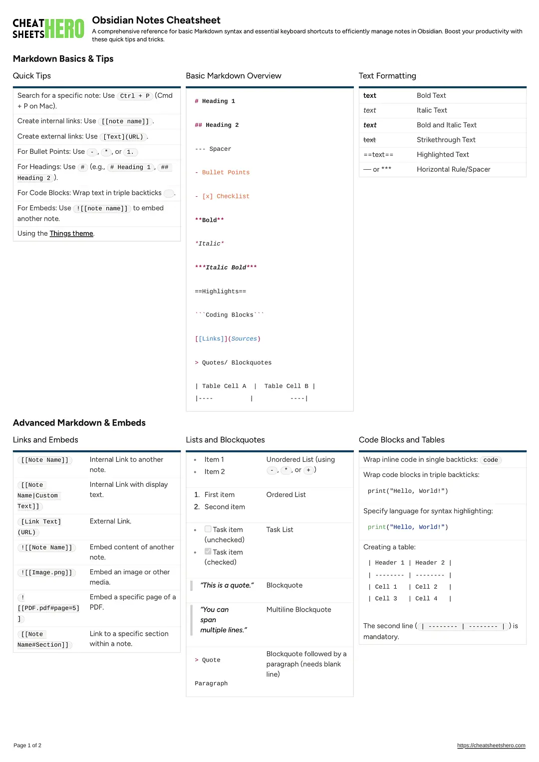 Obsidian Notes Cheatsheet