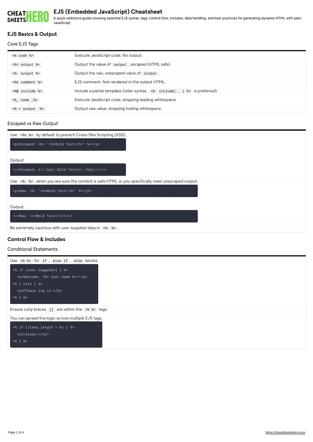 EJS (Embedded JavaScript) Cheatsheet