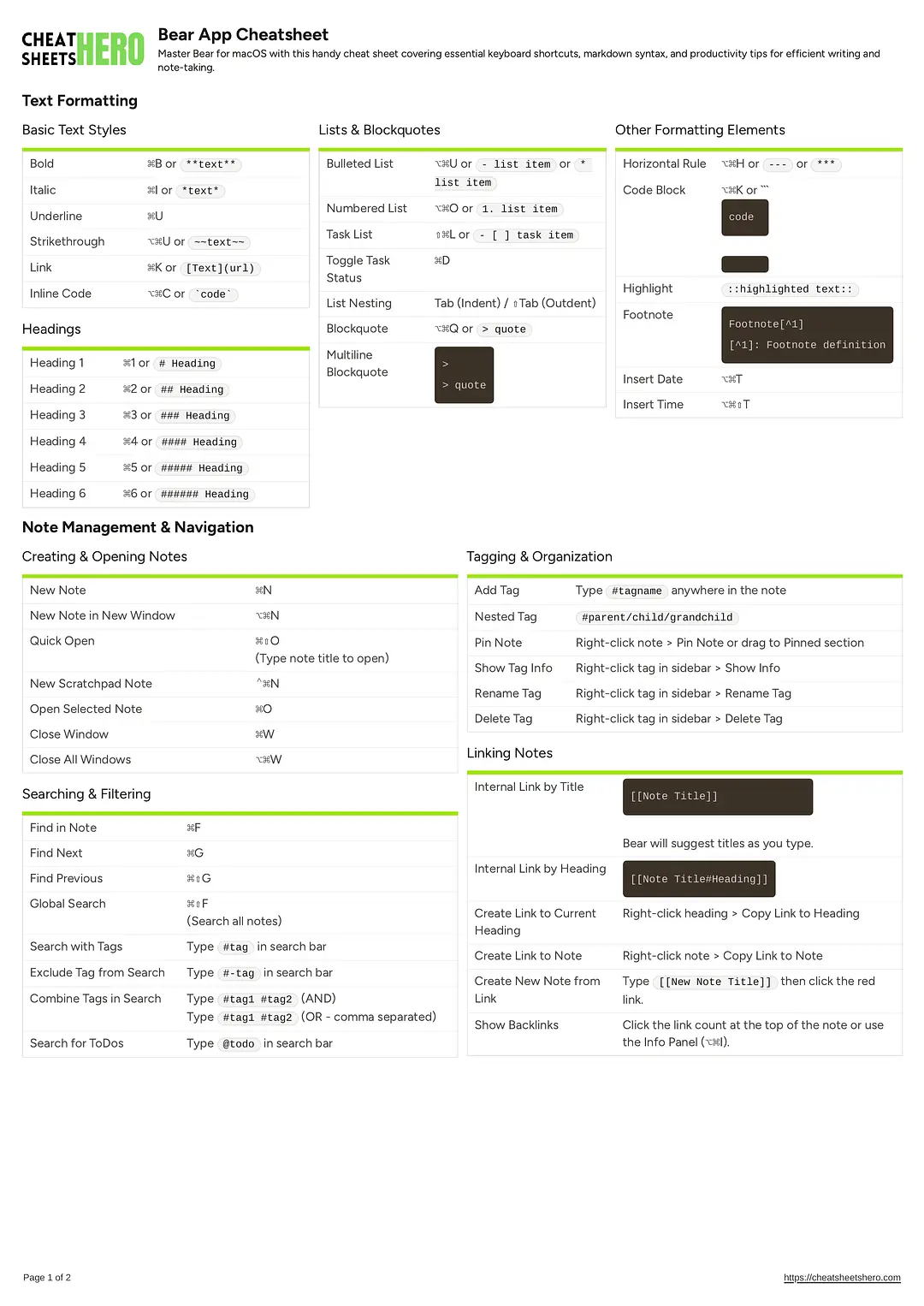 Bear App Cheatsheet