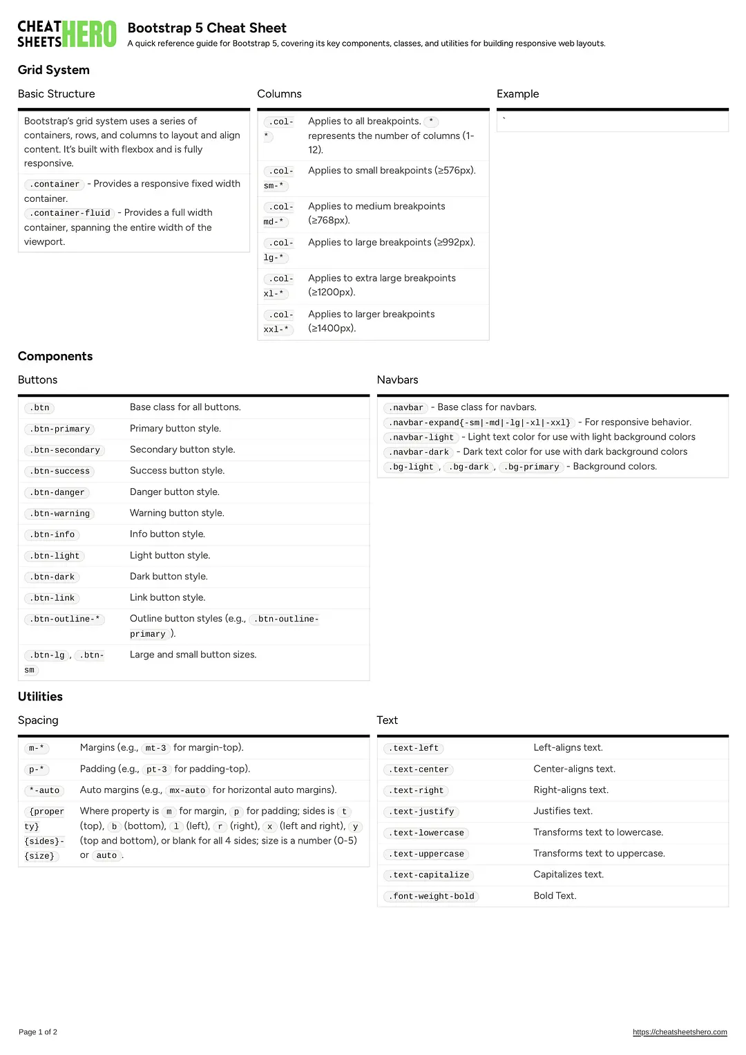 Bootstrap 5 Cheat Sheet