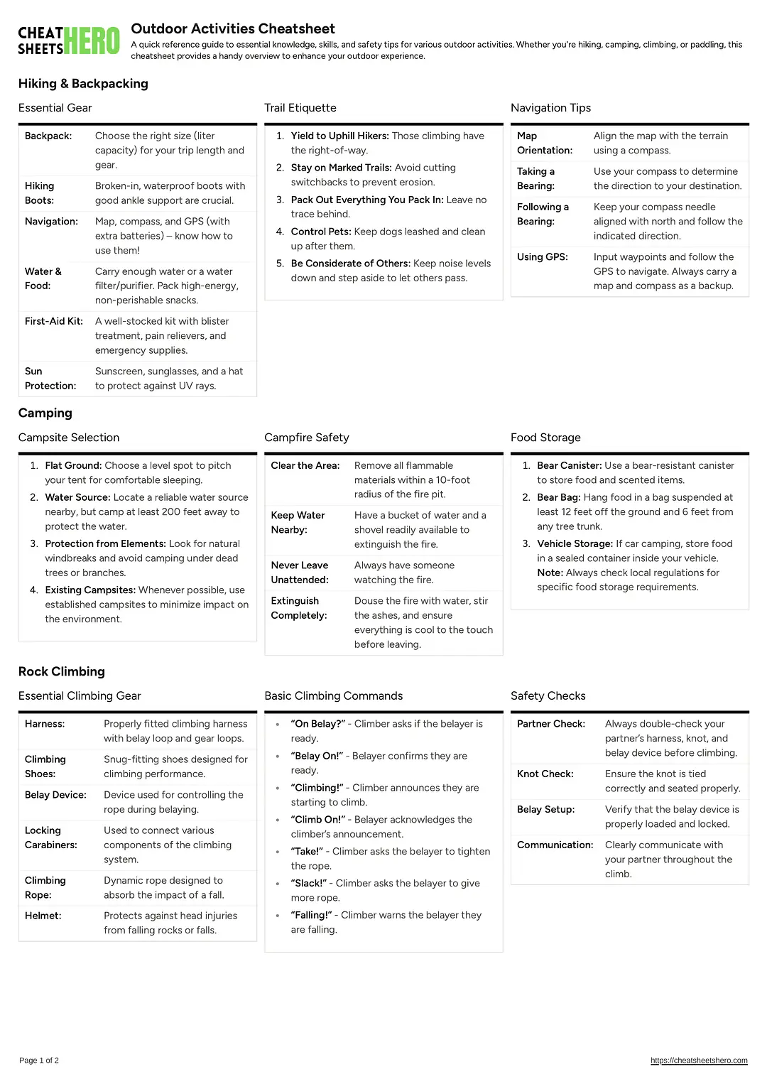 Outdoor Activities Cheatsheet