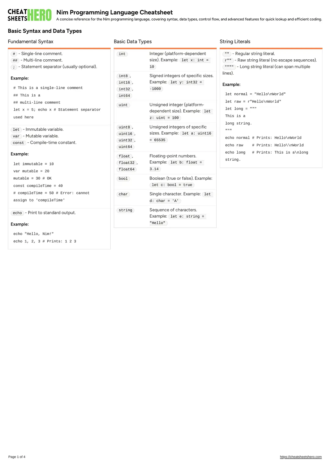 Nim Programming Language Cheatsheet