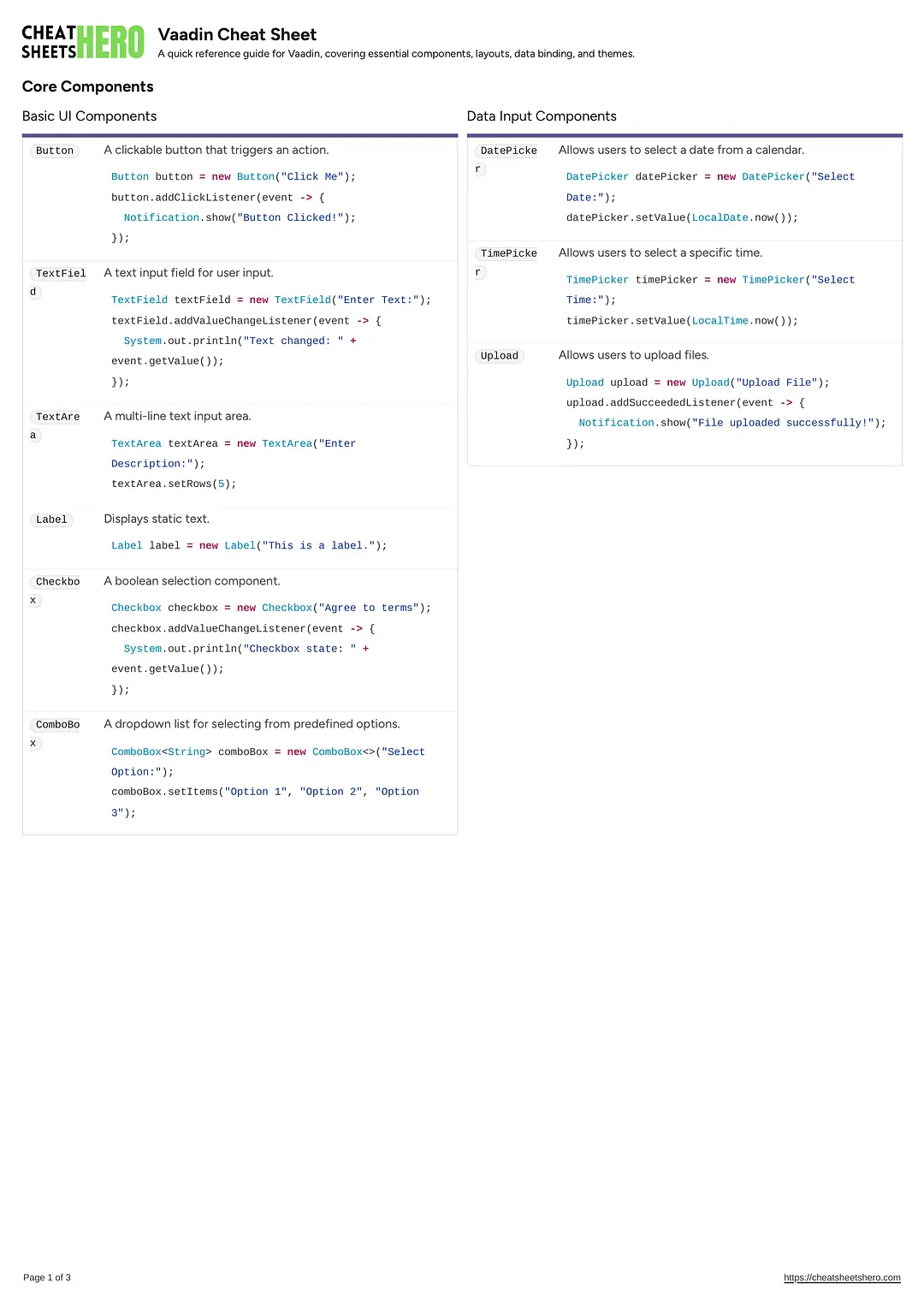 Vaadin Cheat Sheet