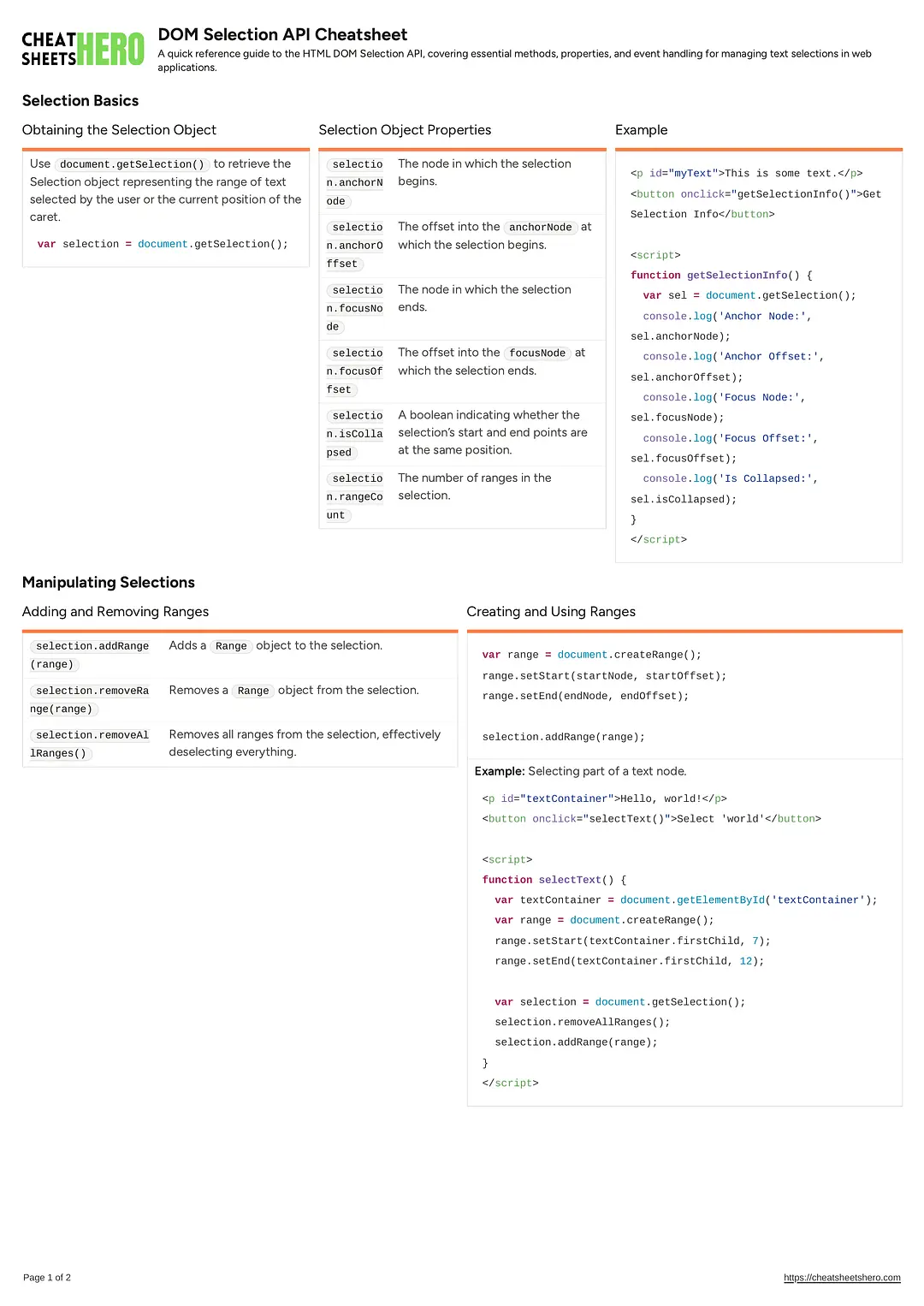 DOM Selection API Cheatsheet